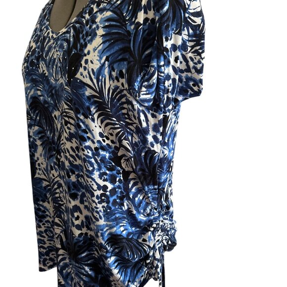 Palm Grove L Blue & White Tropical Print 3/4 Sleeve Top Side Drawstring & Studs - Picture 2 of 10